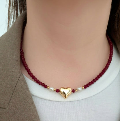 Collana cuore bombato bordeaux
